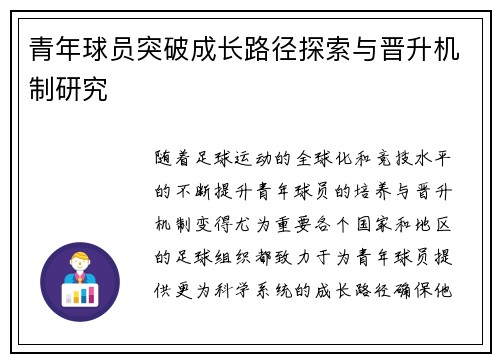 青年球员突破成长路径探索与晋升机制研究
