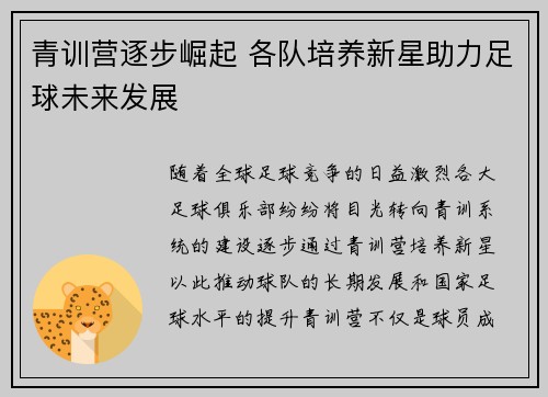 青训营逐步崛起 各队培养新星助力足球未来发展